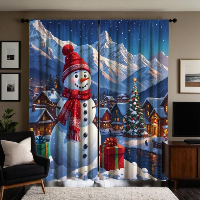 2er-Set dekorative Weihnachts-Vorhänge mit Schneemann und Schneeberg-Landschaft in Blau, B: 132 cm, H: 160 cm - Bild 1