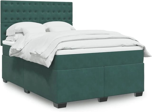 vidaXL Boxspringbett mit Matratze in Dunkelgrün aus Samt, Hybrid-Bett mit USB-Ladeport und Unterbettbeleuchtung, B/T: 140 x 200 cm - Bild 1