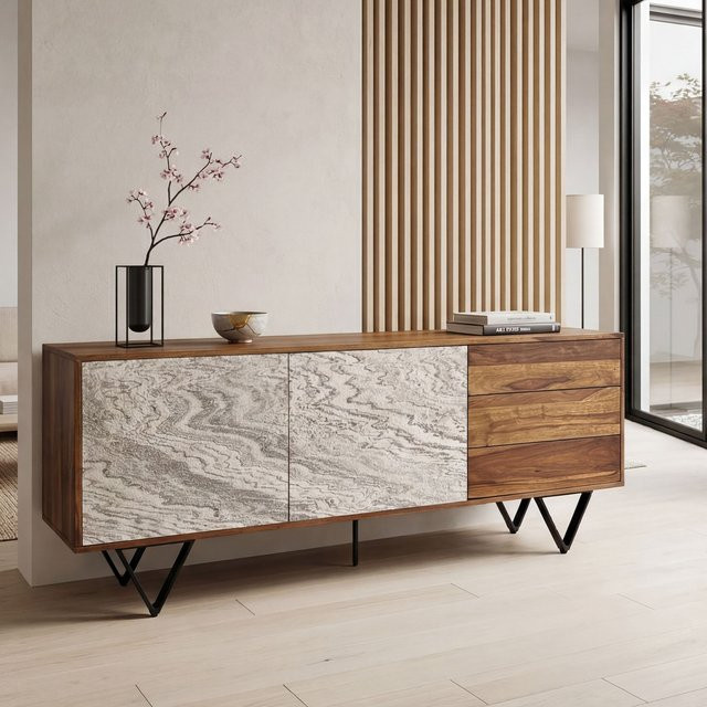 Sideboard FineBuy aus Massivholz in Braun mit 3D-Steinoptik und modernem Design, Breite: 175 cm - Bild 1