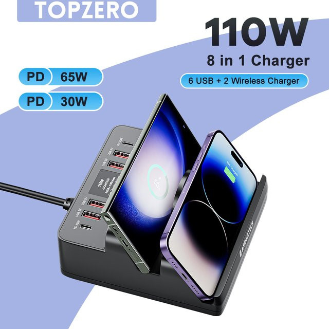 ASOMETECH 110 W USB Ladestation mit 6 Ports, Dual Schnelles Drahtloses Laden, USB-C, QC3.0 und PD3.0 Schnellladegerät für iPhone, Xiaomi, Samsung und Laptop, Schwarz - Bild 1