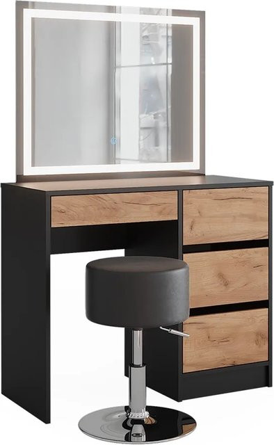 Vicco Schminktisch Sherry in Anthrazit und Goldkraft Eiche mit LED-Spiegel und Hocker, B: 90 cm, T: 40 cm, H: 75 cm - Bild 1