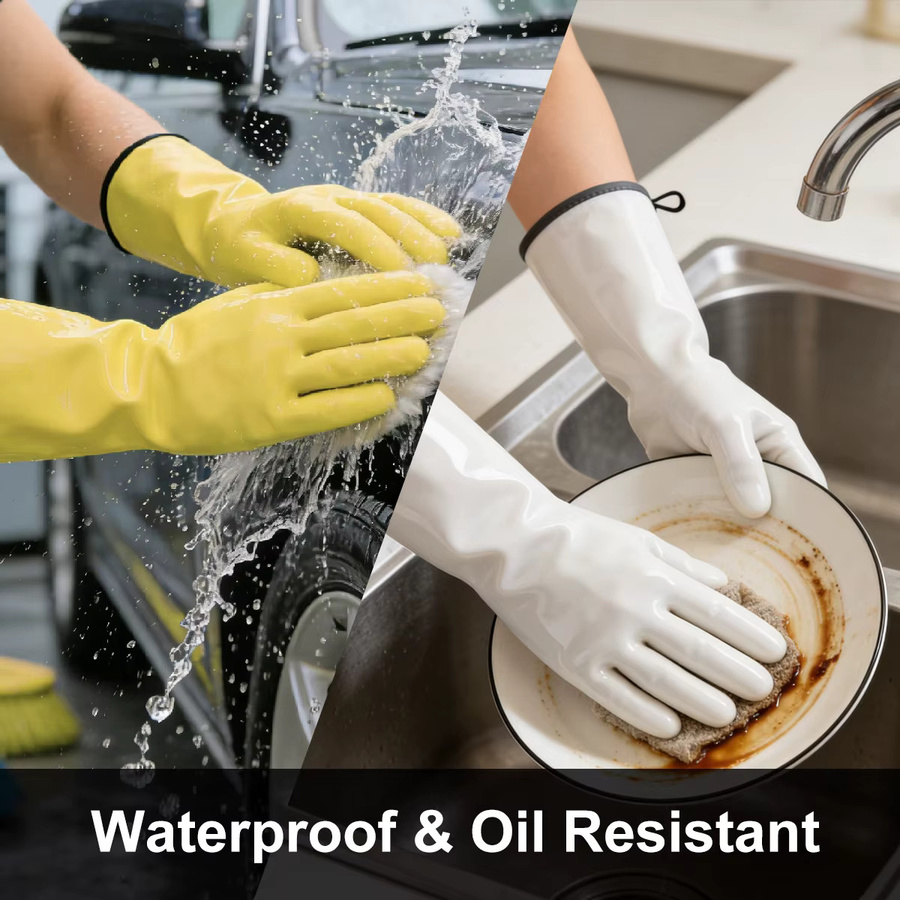 XYEHS Flüssigsilikon-Handschuhe in Weiß, lebensmittelecht, hitzebeständig und wasserdicht mit Frottee-Einsatz zum Kochen, Backen und Grillen - Bild 3