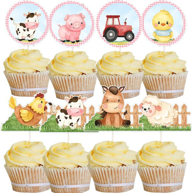 Tissy Cupcake-Topper aus Papier mit Tier-Motiven in Blau und Mehrfarbig für Babyparty und Kindergeburtstag im Bauernhof-Thema - Bild 1