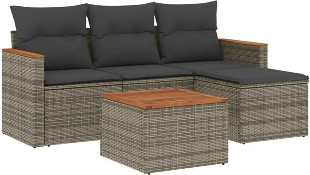 vidaXL 5-teilige Garten-Sofagarnitur aus Poly-Rattan und Akazienholz in Grau mit Kissen - Bild 1