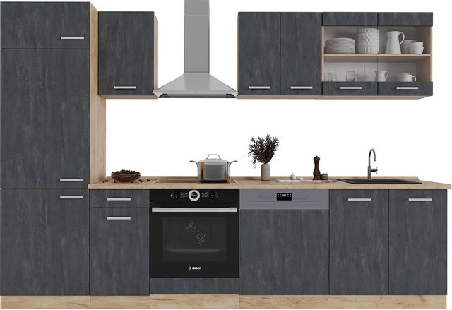 Vicco Küchenzeile R-Line in Schwarz Beton Eiche mit weißer Marmor Arbeitsplatte, Breite: 300 cm - Bild 1