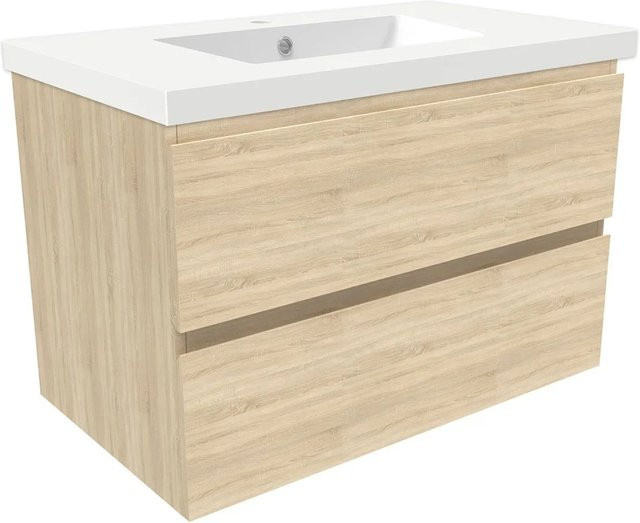 AICA Badmöbel Set Aalst: 2-teiliges Waschtisch-Set mit Mineralguss-Waschbecken und Unterschrank in Eiche Matt, Breite: 80 cm - Bild 1