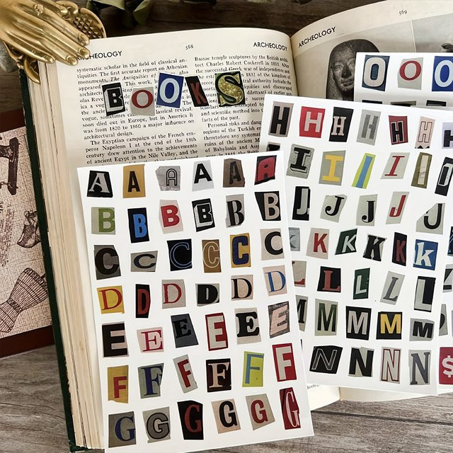 181 Stück Vintage-Alphabet-Buchstabenaufkleber in Multicolour für Scrapbooking, Tagebücher und Planer, 4 Blatt mit A-Z-Buchstaben aus Papier - Bild 1