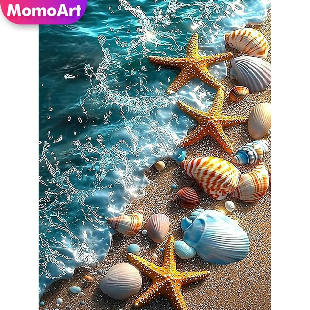 Momoart Diamant-Stickerei Meereslandschaft DIY Bild mit Seestern und Muschel in Blau - Bild 1