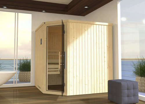 WEKA Ecksauna Varberg 3 in Braun mit BioS Glastür und 7,5 kW Sparset sowie Saunaleuchtenset, B/H/T: 194 x 199 x 194 cm - Bild 3