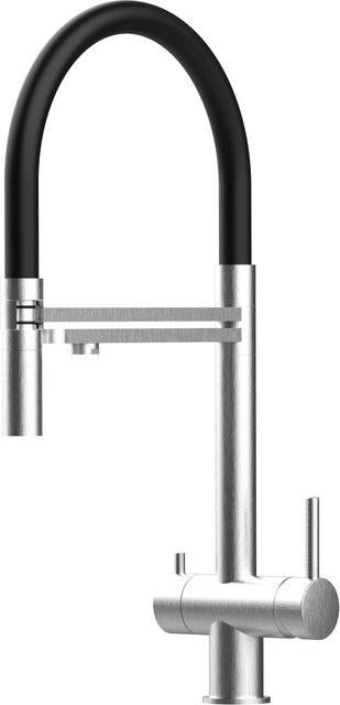 Vizio Küchenarmatur aus Edelstahl in Schwarz mit 3-Wege-Niederdruck-Funktion, 360 Grad schwenkbarem Auslauf und abnehmbarer 2-Strahl-Handbrause, gebürstet - Bild 1