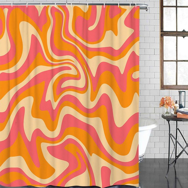 Wasserdichter Duschvorhang mit geometrischem Orange Dreieck Design und Haken, B: 150 cm, H: 180 cm - Bild 1