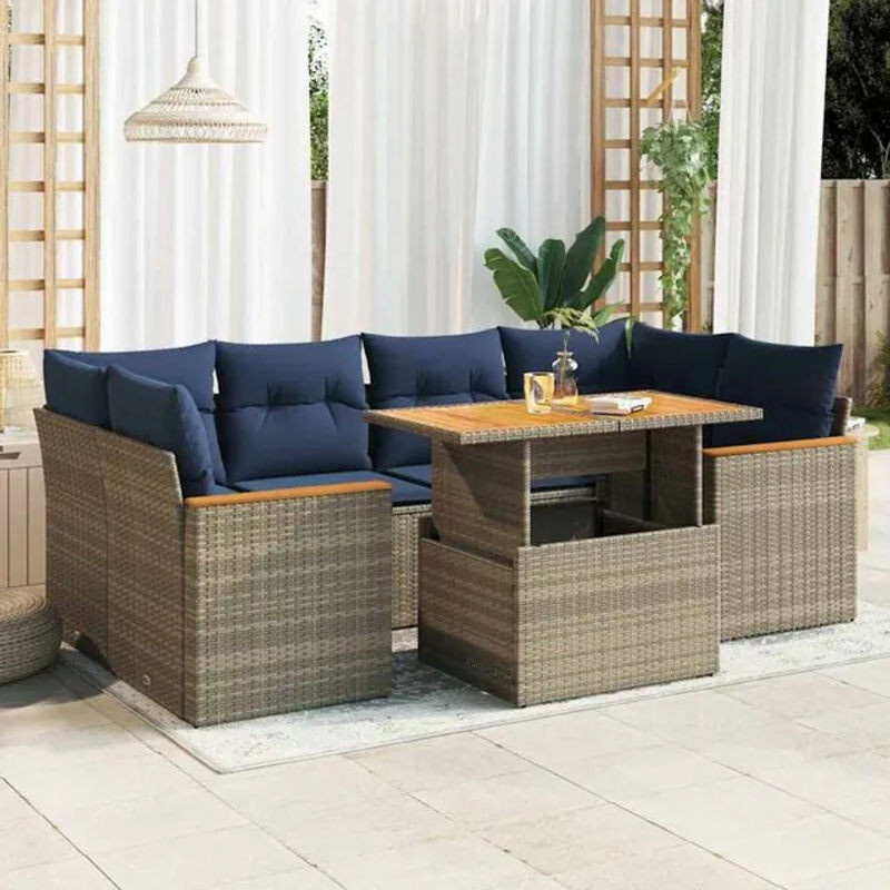 7-teilige moderne Garten-Sofagarnitur aus Poly-Rattan mit Kissen in Grau von vidaxl - Bild 1