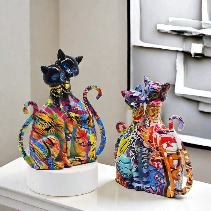 Yiran Furniture Graffiti Katze Deko-Figur aus Kunstharz in Gelb und Multicolour für dein Wohnzimmer - Bild 2