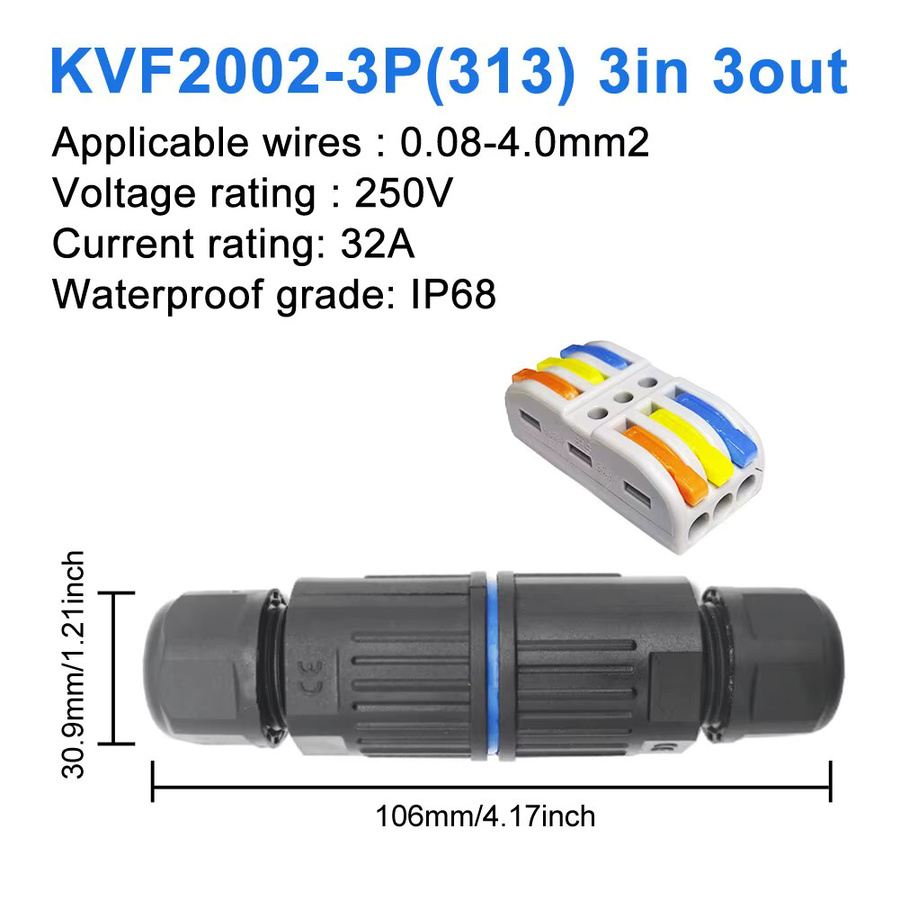 AOKIN KVSF-15 IP68 wasserdichter Kabelstecker in Schwarz mit 2 Eingängen und 2 Ausgängen als elektrischer Anschlussadapter für 2/3/4/5 Pin Verbindungen - Bild 2