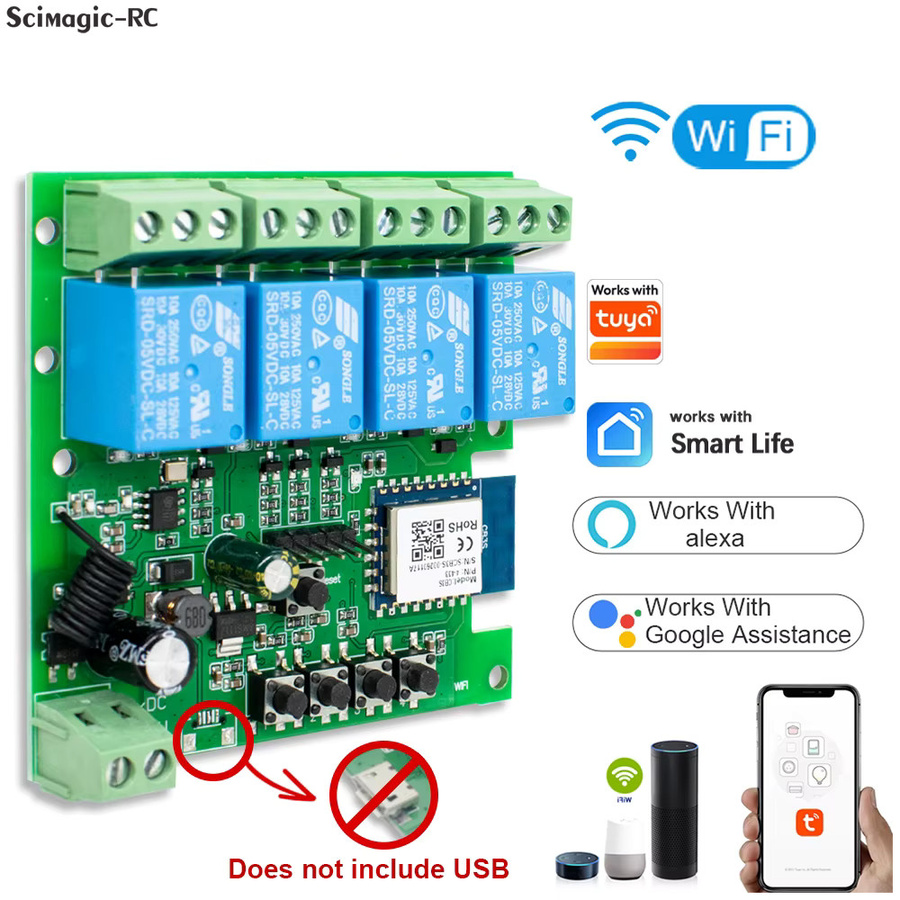 Scimagic-RC WLAN Smart Switch Hausautomations-Controller mit Tuya App-Steuerung für Alexa und Google Home, 1/2/4-Kanal, RF 433 Relais, 12V 24V 220V - Bild 3