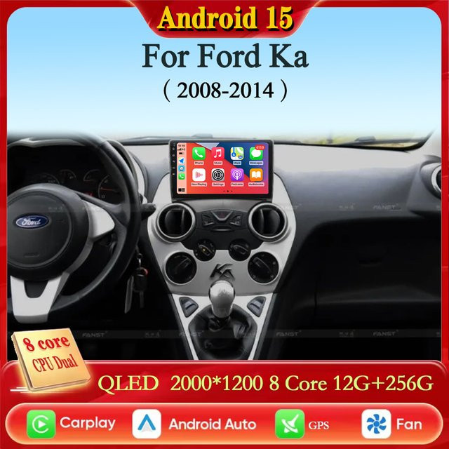 TIEYEZ Android 15 Autoradio für Ford Ka 2008-2014 mit 12GB RAM + 256GB Speicher, 4G, WLAN, GPS und Carplay, Schwarz - Bild 1
