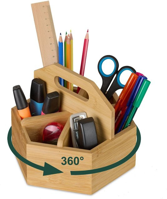 Drehbarer Relaxdays Stiftehalter aus Bambus in Natur mit mehreren Fächern, B/T/H: 15 x 17 x 19 cm - Bild 1