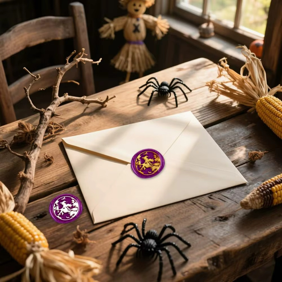 Vintage Halloween Wachssiegelstempel-Set mit Mond, Hexe und Kompass aus Messing und Holzgriff - Bild 3