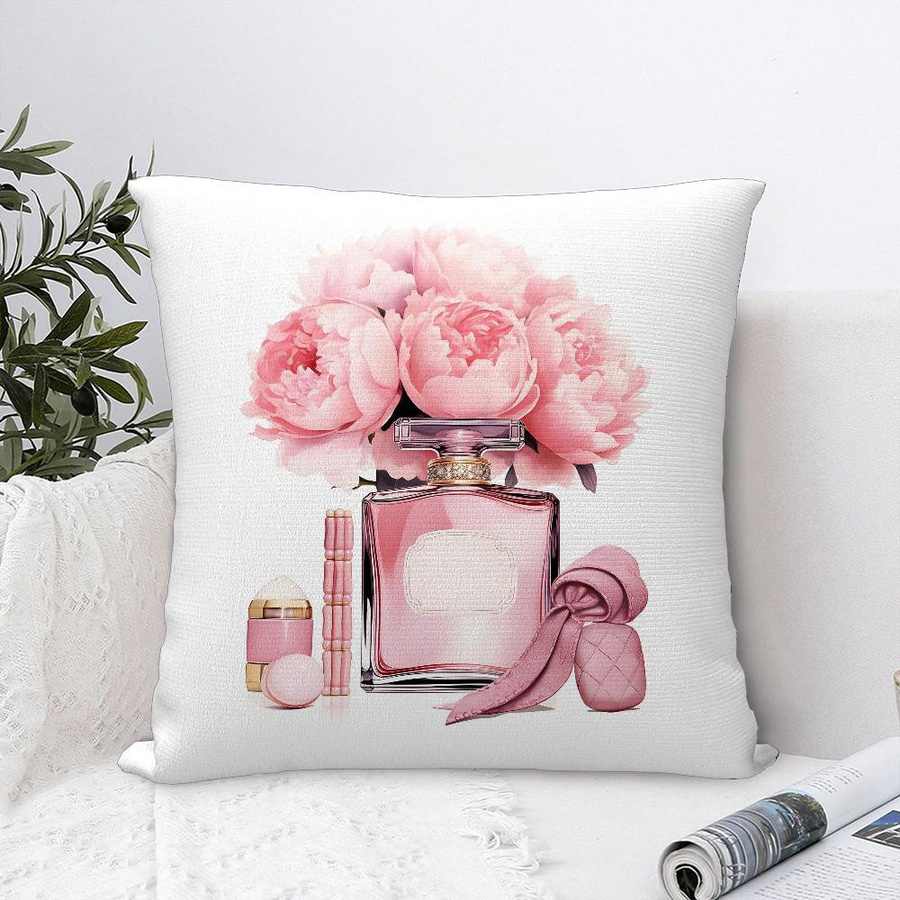 Doja Home Kissenbezug mit Blumen-Motiv und Parfümflaschen-Print, Kurzplüsch, Mehrfarbig, B/T/H: 40,64 x 40,64 x 40,64 cm - Bild 1