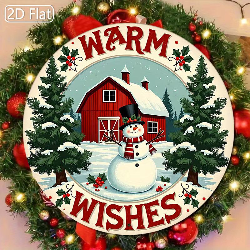 Potdemiel Weihnachts-Wanddekoration aus Metall mit roter Scheune und Schneemann in Winterszene, rundes Metallschild im Bauernhaus-Stil - Bild 5