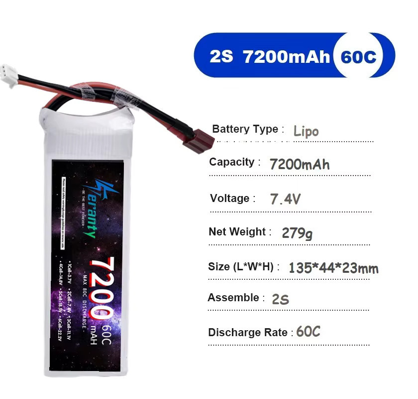 PYLRC LiPo Batterie 2S 7,4 V 7200 mAh 60C mit XT60, Deans oder Tamiya Stecker für RC Auto, Quadcopter, FPV Drohne, Flugzeug und Boot - Bild 2