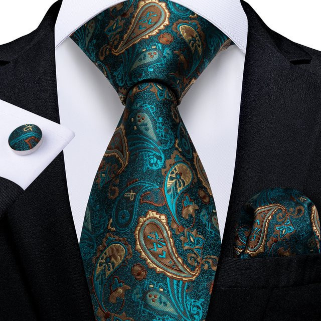 DiBanGu Krawatten, Einstecktücher, Manschettenknöpfe, Grün, Gold, Paisley, Herren - Bild 1