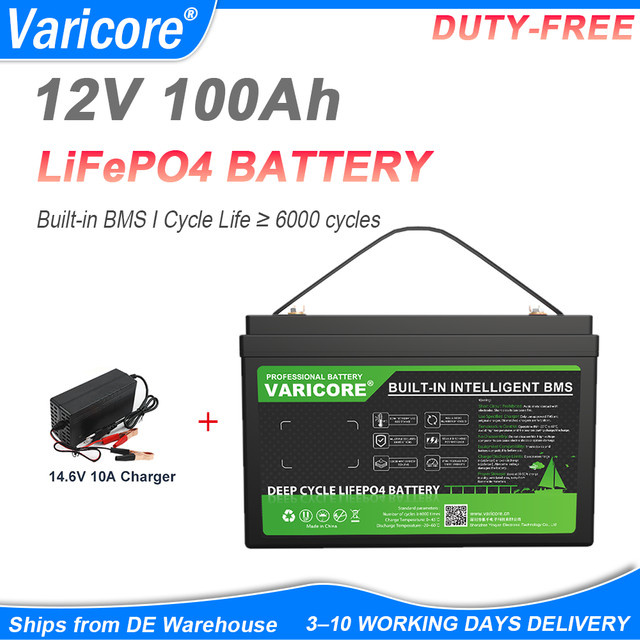 Varicore 12V 100Ah LiFePO4 Lithium-Eisenphosphat-Batterie mit integriertem Smart BMS und LCD-Display in Schwarz - Bild 1
