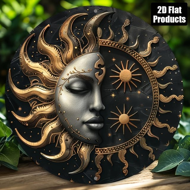 CIFBUY Rundes Aluminiumschild mit Sonnen- und Mond-Motiv in Multicolour, Metallkunst-Wanddeko im Boho-Stil, Durchmesser: 20,32 cm - Bild 1