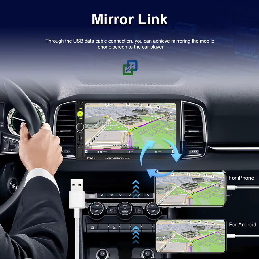 Podofo 2 DIN Auto-MP5-Player mit 7 Zoll Display, 1080P Mirror Link, Bluetooth und farbiger Hintergrundbeleuchtung in Schwarz - Bild 3