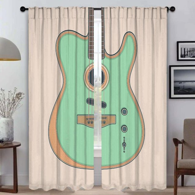 Elegante Vorhänge mit Gitarrenmuster in Beige, 2er-Set, halbtransparent, Breite: 50 cm, Höhe: 70 cm - Bild 1