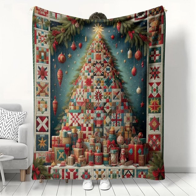 JMG Household Supplies Weihnachts-Steppdecke mit Weihnachtsbaum- und Geschenk-Muster, Mehrfarbig, B/B: 150 x 200 cm - Bild 1