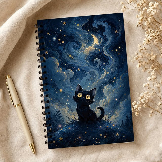Notizbuch Sternenhimmel Schwarze Katze mit Blanko-Linienblättern, A5, Schwarz und Blau - Bild 1