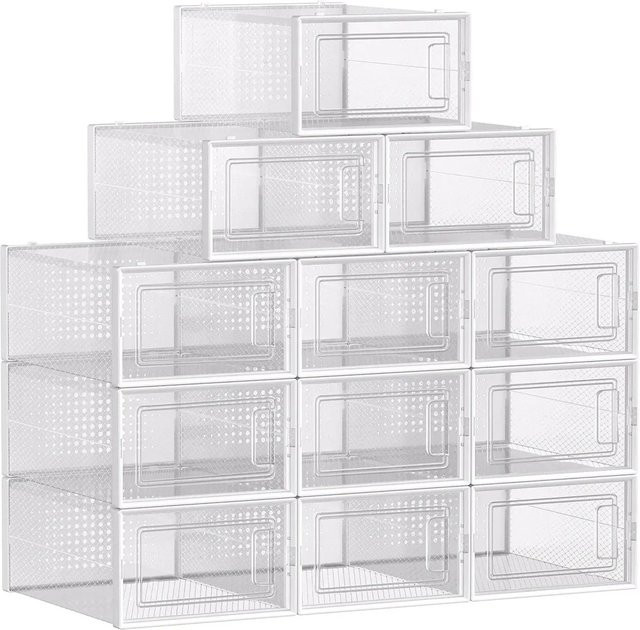 Songmics Dennys Schuhboxen-Set, 12-teilig, faltbar und stapelbar, Weiß, transparent mit Mesh-Einsatz - Bild 1