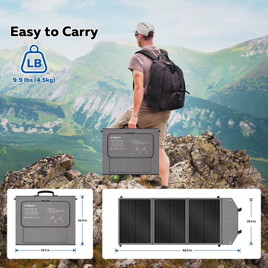 CTOLITY SP100 Faltbares Solarpanel 100W mit 20,5V, PWM-Batterieladung, QC3.0 und PD45W Schnellladung, 23% Effizienz, für RV mit PV-Anschluss, XT60 und 5525 Anschlüssen - Bild 3