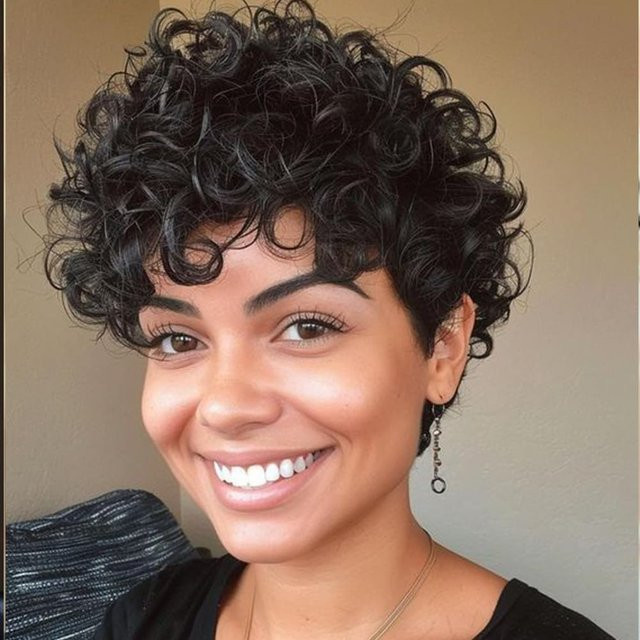 OYM HAIR Pixie-Perücke mit Pony, kurze Echthaar-Perücke, Schwarz - Bild 1