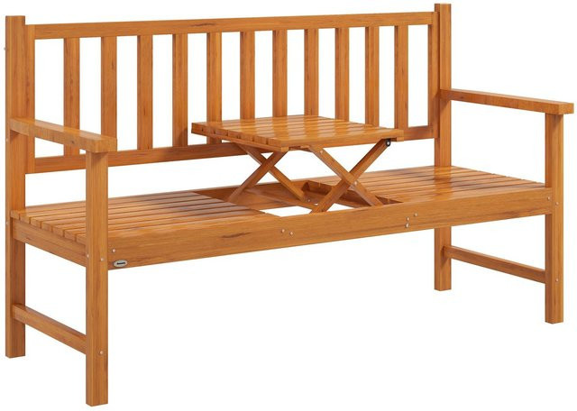 Outsunny Gartenbank 3-Sitzer aus Kiefernholz mit ausklappbarem Tisch in Braun im rustikalen Design - Bild 1