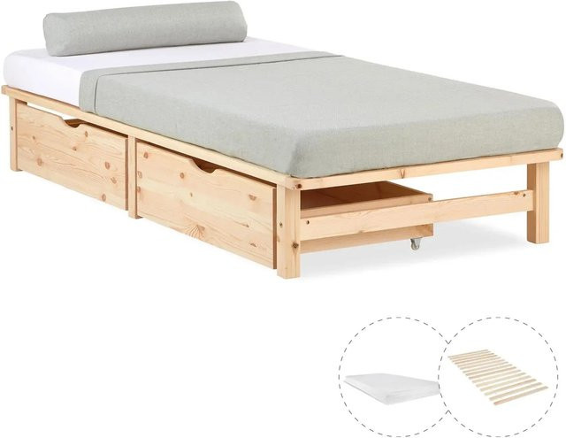 Homestyle4u Palettenbett aus Kiefernholz mit Matratze und 2 Bettkästen in Natur, B/T/H: 90 x 200 cm - Bild 1