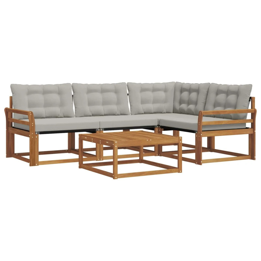 vidaXL Outdoor-Sofagarnitur 5-teilig aus Akazienholz und Textilene in L-Form mit Kissen, Natur und Grau - Bild 2