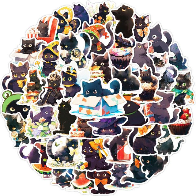 50 Stück Wasserdichte Graffiti Aufkleber mit schwarzen Katzen Motiven von BulingBulingStickers Shop in Schwarz und Multicolour - Bild 1