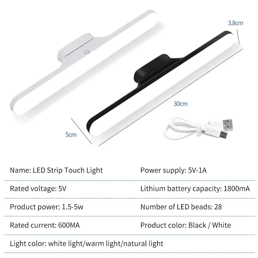 Ammtoo LED-Spiegel-Leuchte mit Touch-Bedienung, magnetische USB-Schreibtischlampe in Weiß, B/T/H: 28,0 x 5,0 x 3,8 cm - Bild 3
