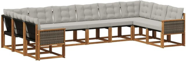 vidaXL Outdoor-Sofagarnitur L-Form aus Akazien-Massivholz mit 10 Kissen in Natur und Hellgrau - Bild 1