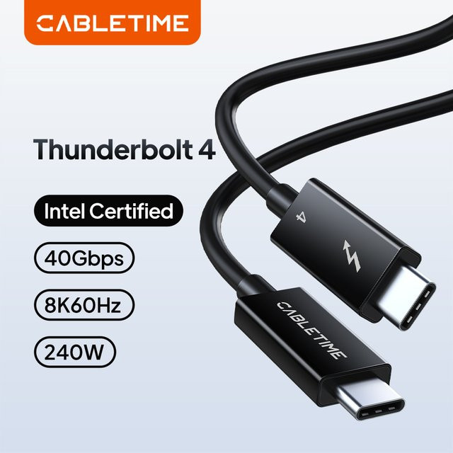 CABLETIME Thunderbolt 4 USB-C Kabel PD100W 8K 60Hz 40Gbps Schwarz - Bild 1