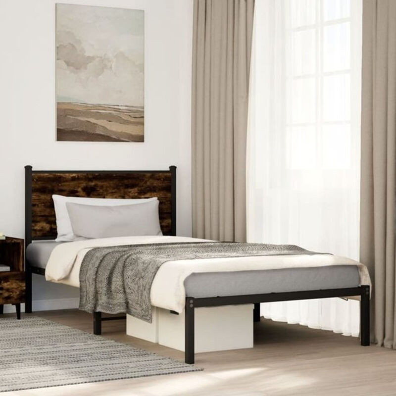 Metallbett Vidaxl im Industrial Design aus Stahl in Räuchereiche und Schwarz, B/T/H: 100 x 190 cm - Bild 1