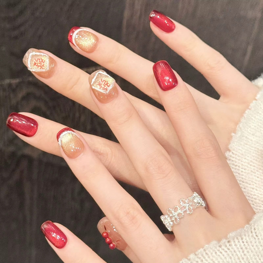 YADORNOS Press On Nails, Rot Gold, Quadrat, 10 Stück - Bild 2