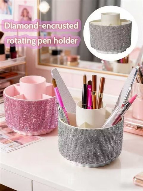 Klimonla Rotierender Stifthalter mit Diamant-Besatz, Multifunktionaler Make-up-Pinsel-Organizer und Schreibtisch-Aufbewahrungsbox in Pink und Silber - Bild 1