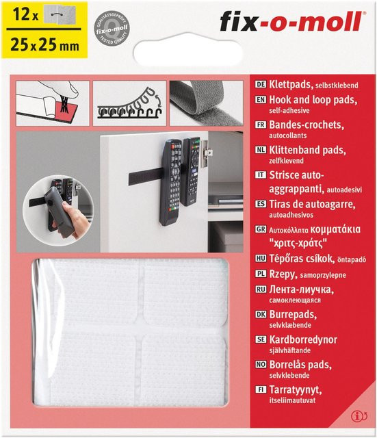 Fix-o-moll Klettpads selbstklebend Weiß, 12 Sets, B: 2,5 cm x B: 2,5 cm - Bild 1