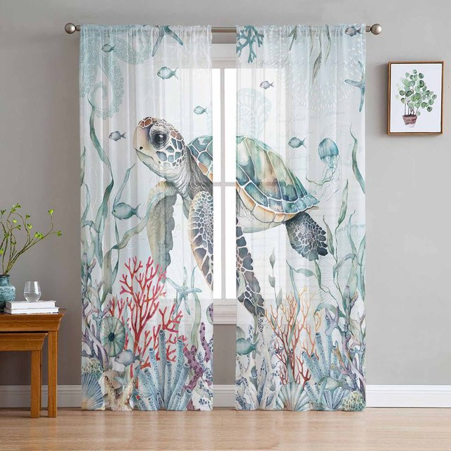 Super Six Chiffon-Fenstervorhang mit Ozean-Motiv Koralle Seestern und Meeresschildkröte, Farbe: Weiß/Mehrfarbig, Breite: 135 cm, Höhe: 114 cm - Bild 1