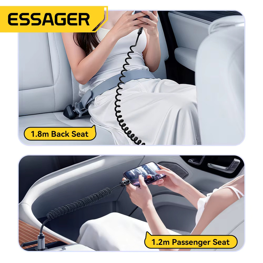 Essager 100 W Auto-Feder-Typ-C-Kabel für schnelles Aufladen von iPhone, Xiaomi, Samsung, MacBook und iPad in Schwarz oder Grau - Bild 5