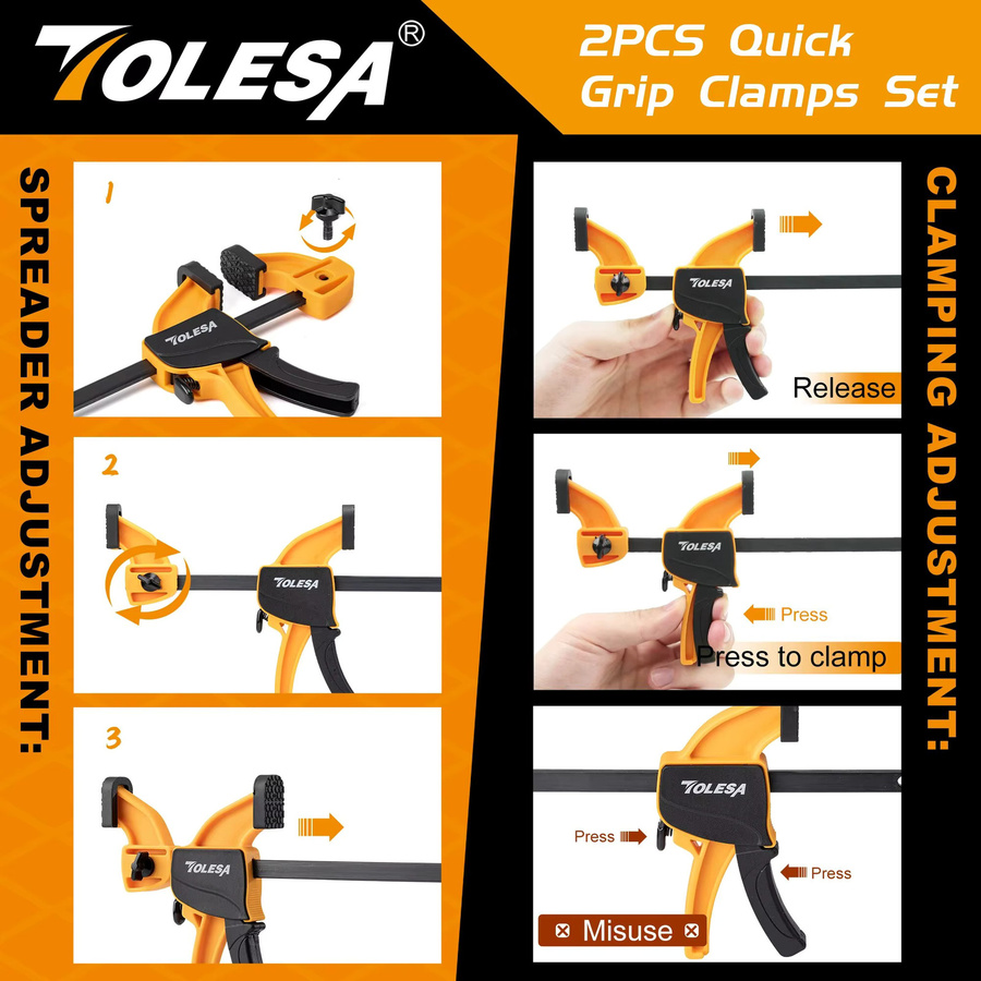 TOLESA Stangenklemmen für die Holzbearbeitung Set, 2 Stück Einhandklemmen und Spreizer, F-Klemmen mit Schnellwechselfunktion, Orange - Bild 4