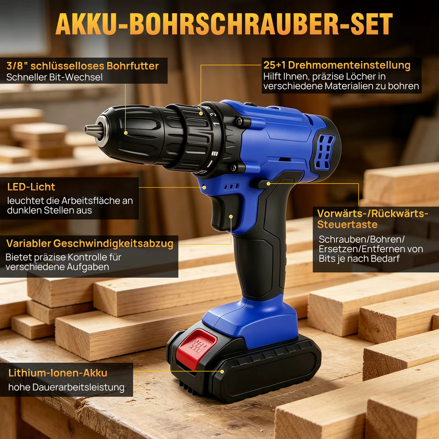 BRIEFNESS Akku-Bohrschrauber in Blau mit 200Nm Drehmoment, 21V, 1500mAh Li-Ionen-Akku, 3/8-Zoll-Bohrfutter, 25+1 Drehmomentstufen und 2 Geschwindigkeiten inklusive Koffer - Bild 7